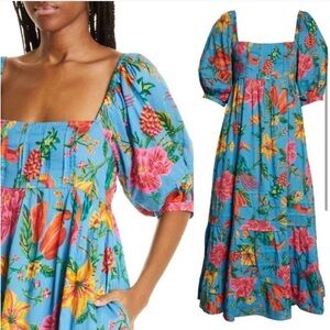 NWT Farm Rio Toucans Garden Floral Print Midi Dress Blue Size M
